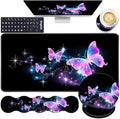 Mouse Pad,Large Pink Desk Mat, 4in1 XXL Mousepad + Keyboard Wrist Rest+Mouse Wrist Rest+Coaster Set with Ergonomic Desk Pad for Home Office Table Computer-Glowing Night Pink Butterflies