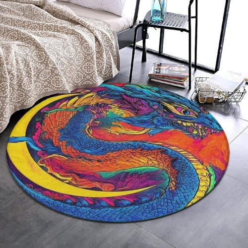 Home Decor Non Slip Kitchen Office Circle Rug, Machine Washable Modern Round Area Rug, Room Sofa Yoga Soft Round Carpet Mystery Dragon Trippy Art, 60inch