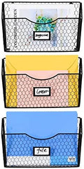 PAG-Mass 3 Pockets Hanging File Holder Wall Mount Mail Organizer Metal Chicken Wire Magazine Rack with Tag Slot, Black