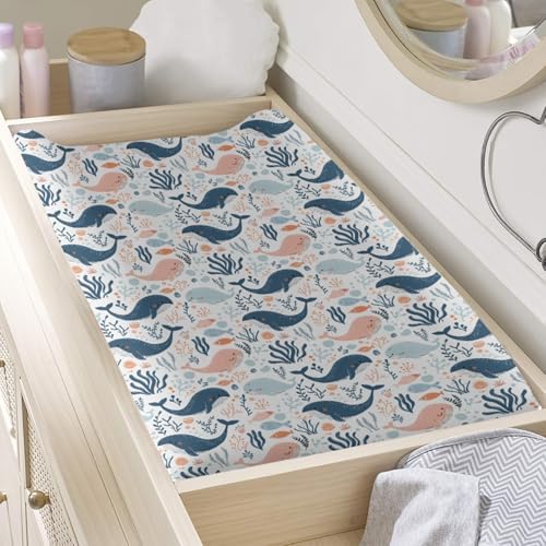 Cartoon Sea Animals Fishes Pattern Baby Changing Pad Cover, Unisex Ocean Whale Nursery Diaper Changing Table Pad Mat Sheet for Boys Girls-16x32
