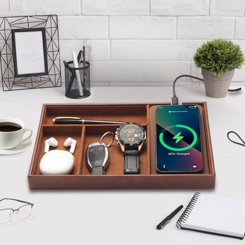 Valet Tray with Wireless Charging, All in one Nightstand Organizer for Men