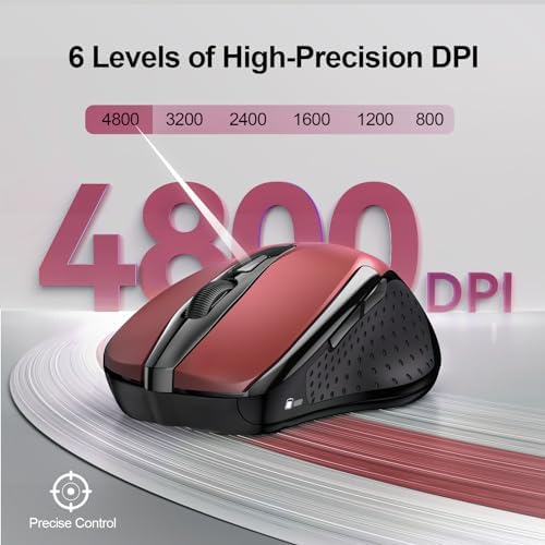 TECKNET Wireless Mouse, BT 5.0/2.4G, Silent 4800 DPI 6 Buttons, Red