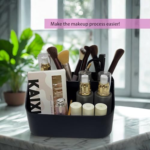 Pen Holder Desktop Organizers with 5 Compartments, Office Supplies Organizers and Accessories, Makeup Organizer Makeup Brush Holder, Remote Control Holder with Movable Wooden Partition