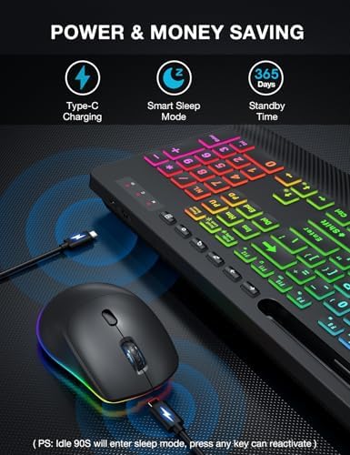 SABLUTE Wireless Keyboard and Mouse Combo, 9 Backlit Effects, Large Print