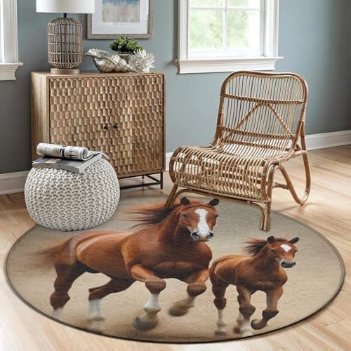Large Machine Washable Circular Rugs, Home Decor Round Mat for Living Room Sofa Office Running Brown Horse