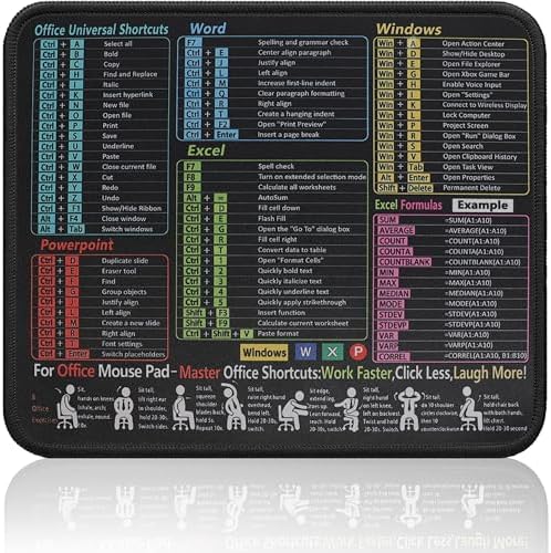 Office Shortcuts Mouse Mat, 30 x 25cm, Portable Excel Cheat Sheet Mouse Pad