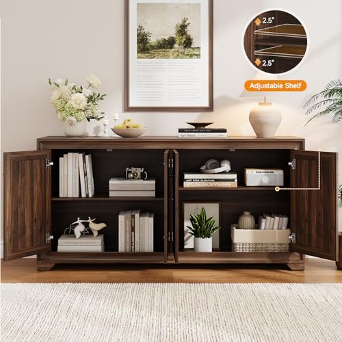 60" Buffet Cabinet with Storage, 4 Doors & Adjustable Shelves Brown