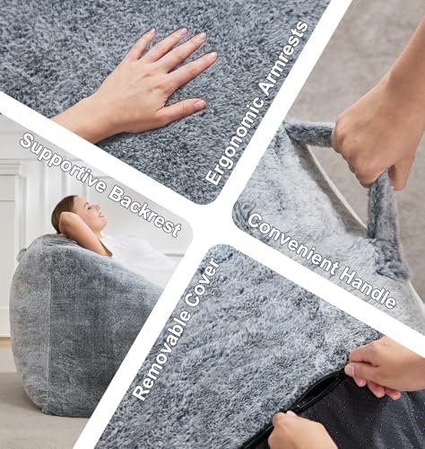 Hobestluk Bean Bag Chair Plush Accent Chair Armrest Living Room Adult Grey