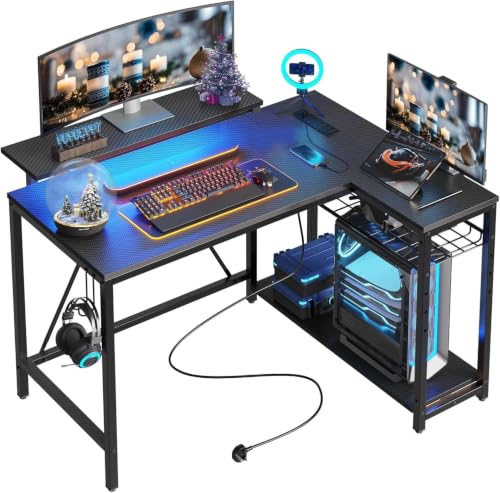 42-Inch L-Shaped Computer Desk with Charging & LED, Black