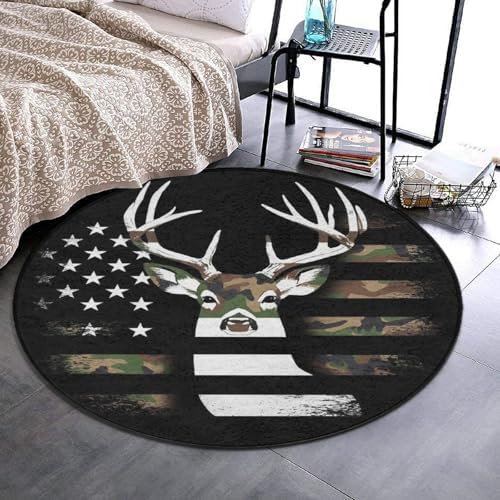 Circular Rugs Large Modern Round Area Rug Fashion Decor Mat for Home Office Camo Deer Hunting Camouflage USA Flag