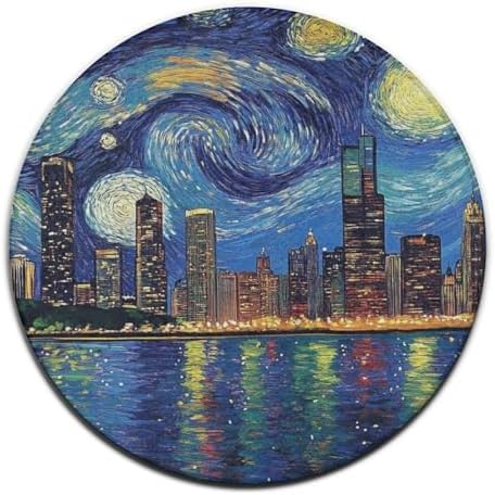 Room Sofa Yoga Soft Round Carpet, Home Decor Non Slip Kitchen Office Circle Rug, Machine Washable Modern Round Area Rug Chicago City Skyline Night View Starry Sky Painting, 60inch