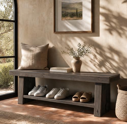 63'' Solid Wood Entryway Bench with Open Shelves