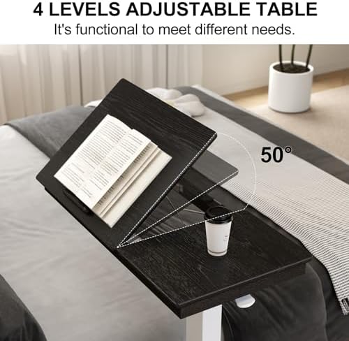 Muwuele Solid Wood Overbed Bedside Table with Wheels,Tilt Top Hospital Bed Table Adjustable Over the Bed,Rolling Bed Desk for Hospital and Home Use (Black)