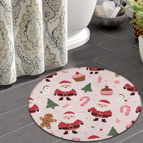 Large Home Decor Mat, Soft Round Yoga Carpet, Non Slip Machine Washable Kitchen Office Circle Rug Pink Santa Claus Christmas