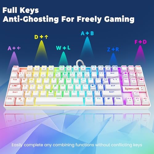 Redragon K552P Mechanical Gaming Keyboard TKL with 18 Backlight Modes, Hot-Swappable Blue Switches, 87-Key Compact Ergonomic Design, N-Key Rollover & Software Programmable Macro - RGB, White