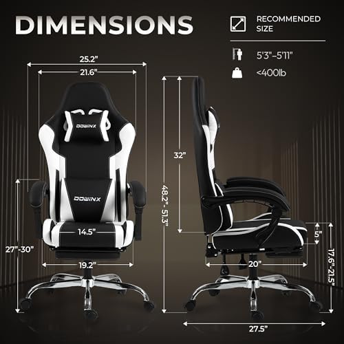 Gaming Chair with Footrest & Massage Lumbar, Ergonomic Computer Chair 330lbs with Headrest Pillow for Office, Home, Streaming and Long Gaming Sessions, White