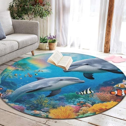 Large Round Area Rug Home Decor Modern Bathroom Rug Kitchen Office Circle Rug for Living Room Sofa Circle Cute Mat Blue Ocean Underwater World Dolphin Art, 60inch