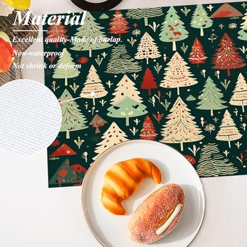 Shrahala Christmas New Year Placemats, Christmas Tree Cartoon Green Background Table Mat Linen Burlap Washable Double-Deck Heat Insulation for Dining Table Kitchen Table Set of 4 (12 x 18 inch)