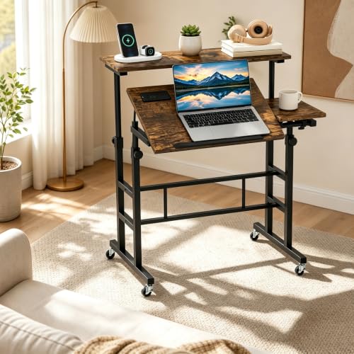 Height Adjustable Mobile Standing Desk with Built-in Power Outlets