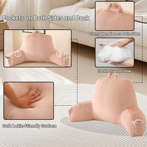 Large Plush Backrest Pillow for Sitting in Bed,Faux Fur,Pink