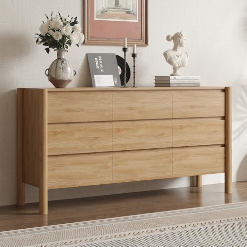 63" Wide Oak 9 Drawer Dresser for Bedroom with Solid Wood Legs