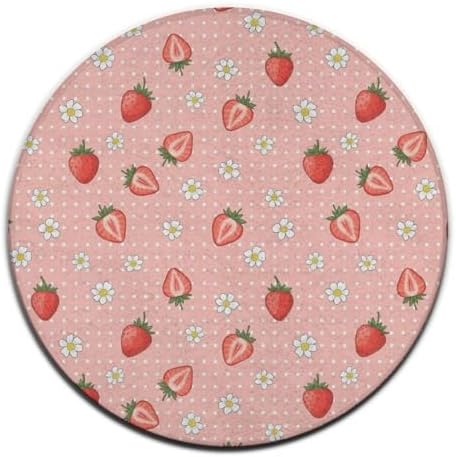 Soft Round Yoga Carpet, Office Chair Decor Round Mat for Carpet and Hardwood Floors Floral Flowers Dots Cute Strawberries Pink Art, 60inch