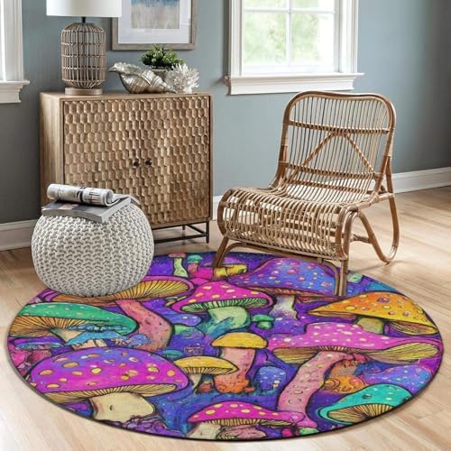 Machine Washable Modern Round Area Rug, Room Sofa Yoga Soft Round Carpet, Home Decor Non Slip Kitchen Office Circle Rug Trippy Colorful Mushrooms Magic Art, 60inch
