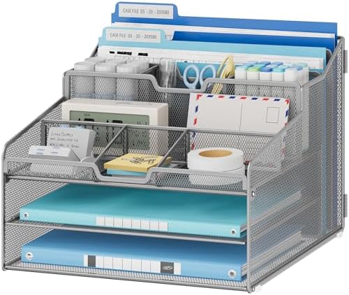 Lavatino Desk Paper File Organizer - Metal Mesh with 2 Letter Trays, 7 Flexible Dividers, 2 Vertical File Folder Holders for Office/Home/Classroom Supplies, Desk Organizers and Accessories, Silver