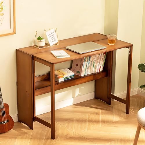 Foldable Desk, 110lbs Load Capacity Bamboo Desk, Floor Standing Space Saving Desk, 30in Height Folding Desk with Storage for Bedrooms, Children's Rooms, Dormitories