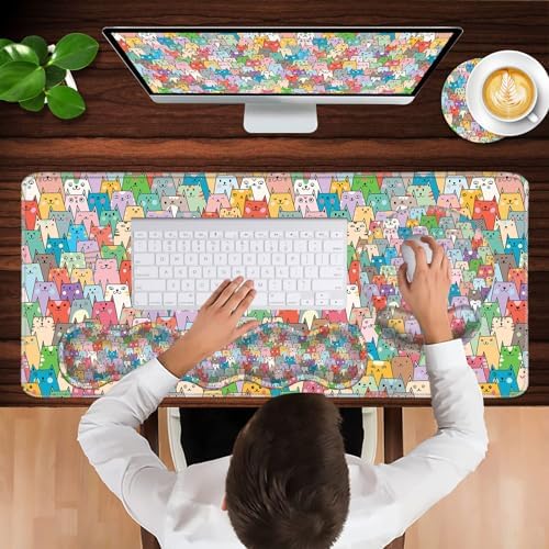 Mouse Pad,Large Pink Desk Mat, 4in1 XXL Mousepad + Keyboard Wrist Rest+Mouse Wrist Rest+Coaster Set with Ergonomic Desk Pad for Home Office Table Computer-Colorful Cats