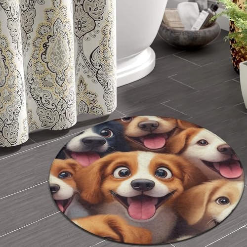 Large Home Decor Mat, Soft Round Yoga Carpet, Non Slip Machine Washable Kitchen Office Circle Rug Cartoon Selfie Dog