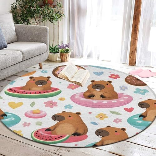 Fashion Round Area Rug Large Non Slip Carpet, Cute Capybaras Unisex Home Decor Mat