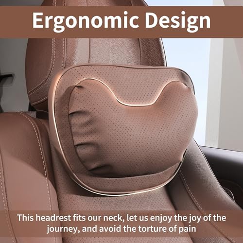Car Neck Pillow [No More Pressure] Soft Comfortable Premium Leather Headrest with Adjustable Strap – Ergonomic Support for Driving, Office & Gaming, Brown, 1 Pack