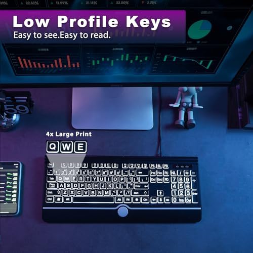 Large Print Backlit Computer Keyboard, 7-Color Backlit Keyboard with Wrist Rest, USB Plug-and-Play, Oversize Letters Keys Easy to See and Type, Wired Light Up Keyboards for Laptop, PC, Gaming
