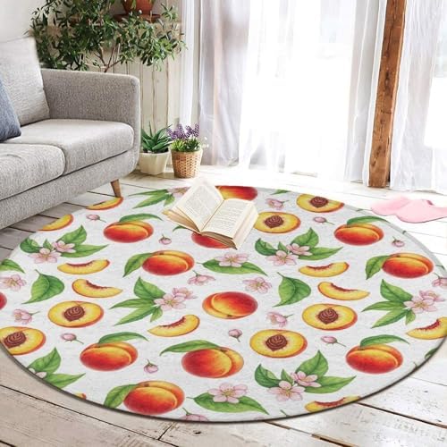 Women's Large Home Decor Mat, Soft Round Yoga Carpet, Non Slip Machine Washable Home Office Circle Rug Watercolor Tropical Peach Leaves Flowers, 36inch