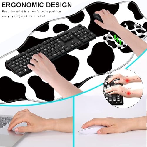 Mouse Pad with Wrist Support + Desk Mat + Coaster 3 in 1 Set, XXL Large Gaming Mousepad Ergonomic Mouse Pads for Desk Computer Laptop Office,Cow Print
