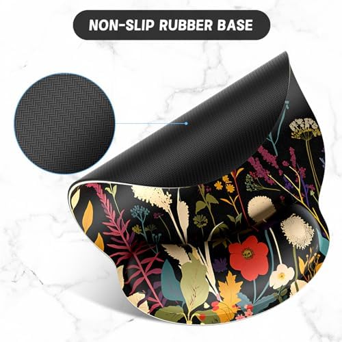 ITNRSIIET Ergonomic Mouse Pad with Wrist Support Wrist Rest Smooth Surface Non-Slip Rubber Base Comfortable Office Supplies Pain Relief, 9.8 x 9.1 inches, Pretty Flowers Plants