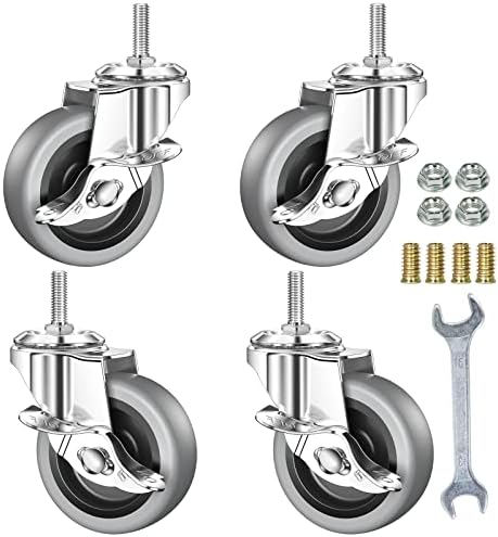 3 Inch Stem Caster Wheels with Locking Brake，Soft Rubber Non Marking No Noise Casters, M8-1.25 Industrial Threaded Stem Heavy Duty Castor for Carpet Hardwood Floors, Set of 4