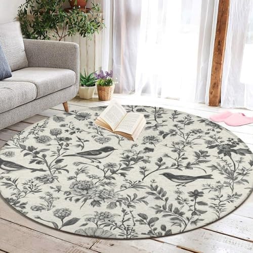 Fashion Round Area Rug Large Non Slip Carpet, Flower Bird Floral Unisex Home Decor Mat