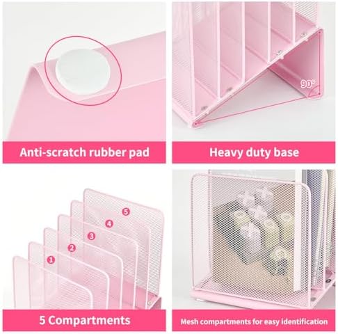 LEKETREE File Organizer for Desk, Desk Organizer with 5-Section Vertical File Rack, Folder Organizer,Workspace Organizers (Pink)
