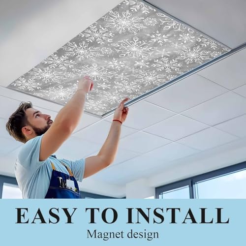 Grey Snowflake Magnetic Fluorescent Light Covers for Ceiling Lights 2 x 4 Feet,Christmas Winter Festival Xmas Modern Office Classroom Kitchen Drop Ceiling Light Covers Lighting Shade Panel 4 Packs