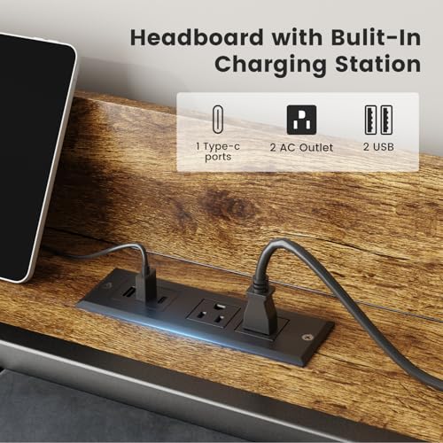 King Size Bed Frame with Charging Station, Storage Headboard