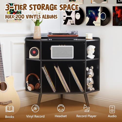 Corner Record Player Stand with Charging Station & USB Ports