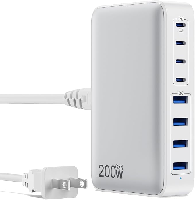 USB C Charger 200W USB C Charger Block,Upgraded GaN III 8-Port Fast Charging Station Hub,PD 65W Laptop Charging Adapter Compatible with MacBook Pro/Air,DELL,Steam Deck,iPhone 16/15/14,Galaxy S23/22