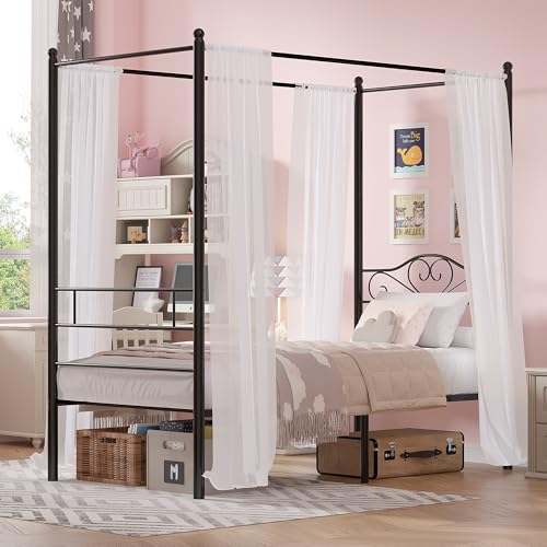 Twin Canopy Bed Frame, Heart-Shaped Headboard, Black