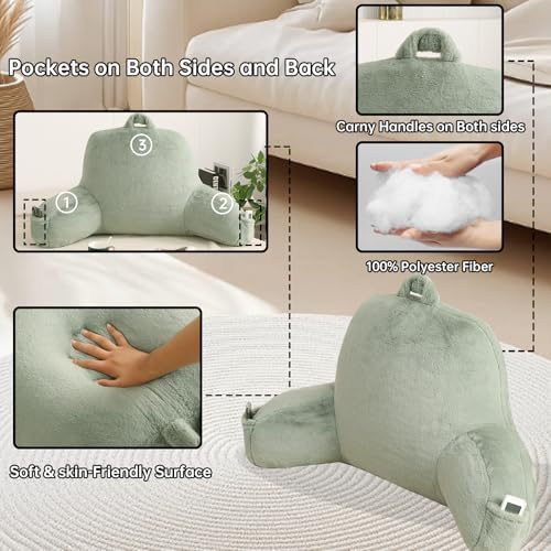 Soft Reading Pillow for Bed with Arms,Middle,Green,Faux Fur