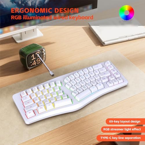 Yunseity Ergonomic Split Keyboard, Wired 69 Key with 18 Modes RGB Backlit Keyboard for Computer, Comfortable Keycaps, Shared Spaces, Split Design for Comfort Typing (White)