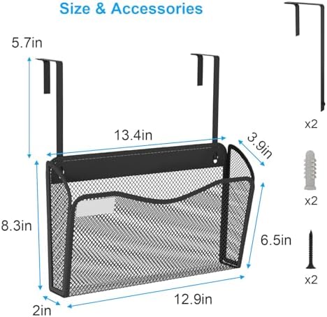 BOHDK Wall File Organizer, 1Single Pockets Mesh Hanging File Organizer, Mount Document Magazine Rack with Labels, Hanging File Folders for Office, Home and School, Black