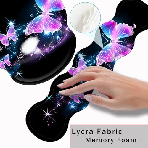 Mouse Pad,Large Pink Desk Mat, 4in1 XXL Mousepad + Keyboard Wrist Rest+Mouse Wrist Rest+Coaster Set with Ergonomic Desk Pad for Home Office Table Computer-Glowing Night Pink Butterflies
