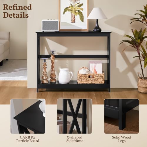 Narrow Black Entryway Console Table, 2-Tier X-Frame Storage Shelf